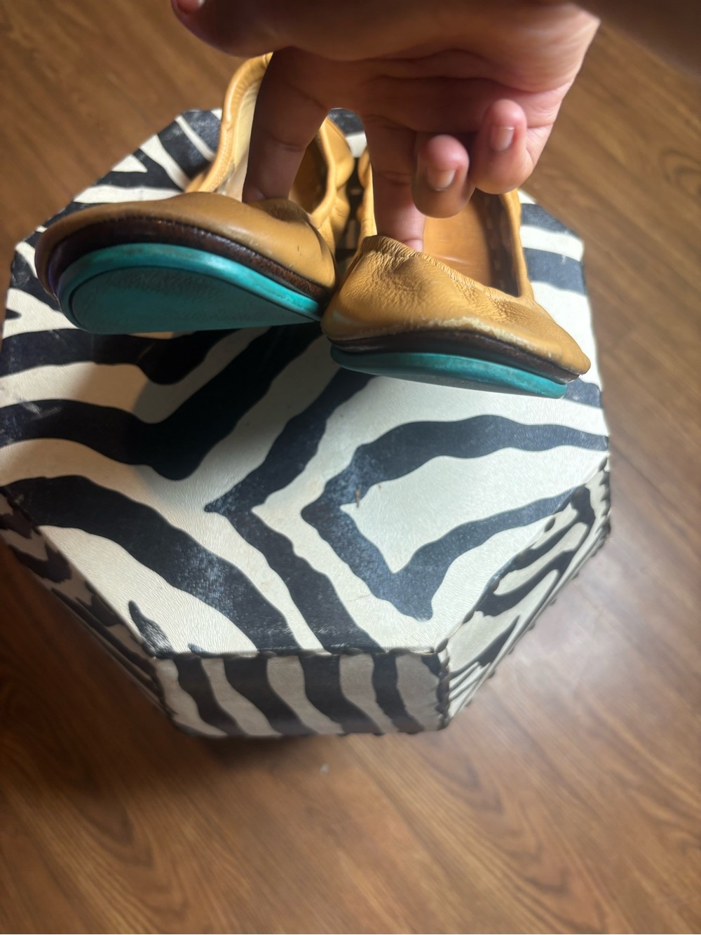 Tieks Tan Leather Ballet Flats with Teal Heel Tab - Picture 3 of 4